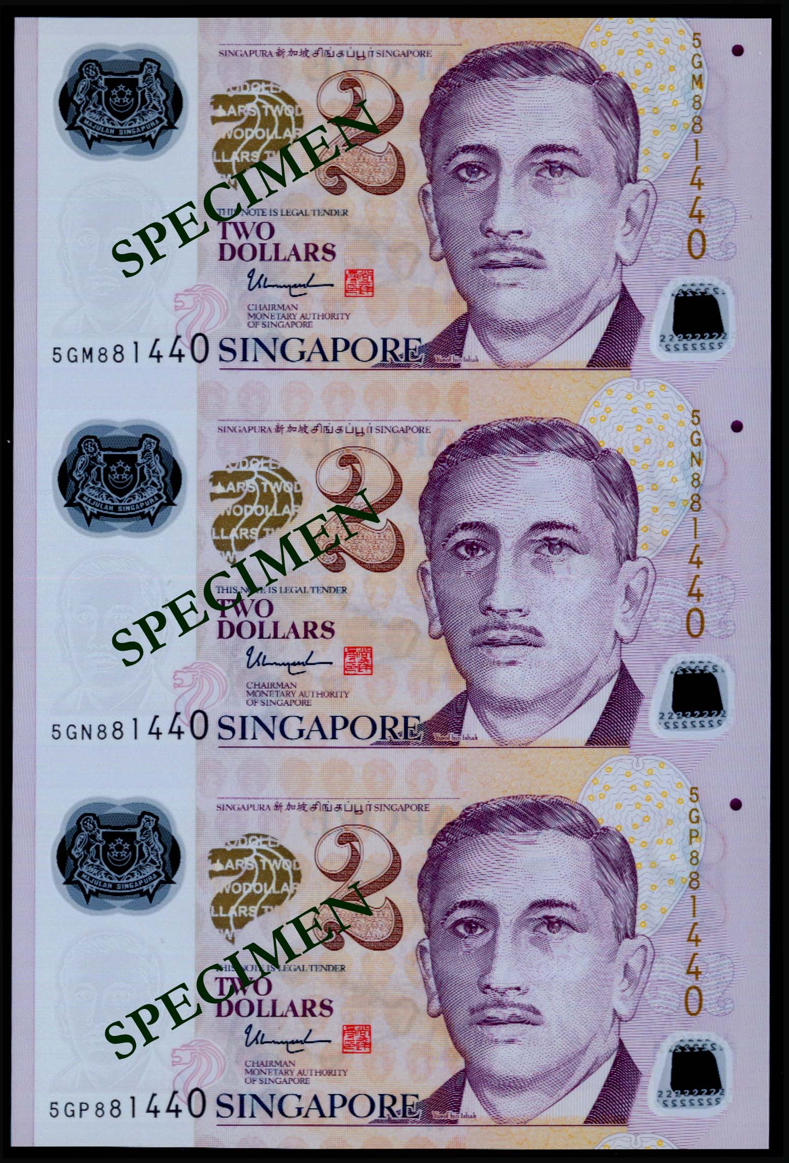 Singapore $2 TS 3-in-1: Singapore $2 TS 3-in-1Singapore $2, President Ishak, sign. Tharman Shanmugaratnam, uncut sheet of 3, prefixes 5GM, 5GN, 5GP; serial no. 881440, AU-UNC. (1 sheet) This Lot is subject