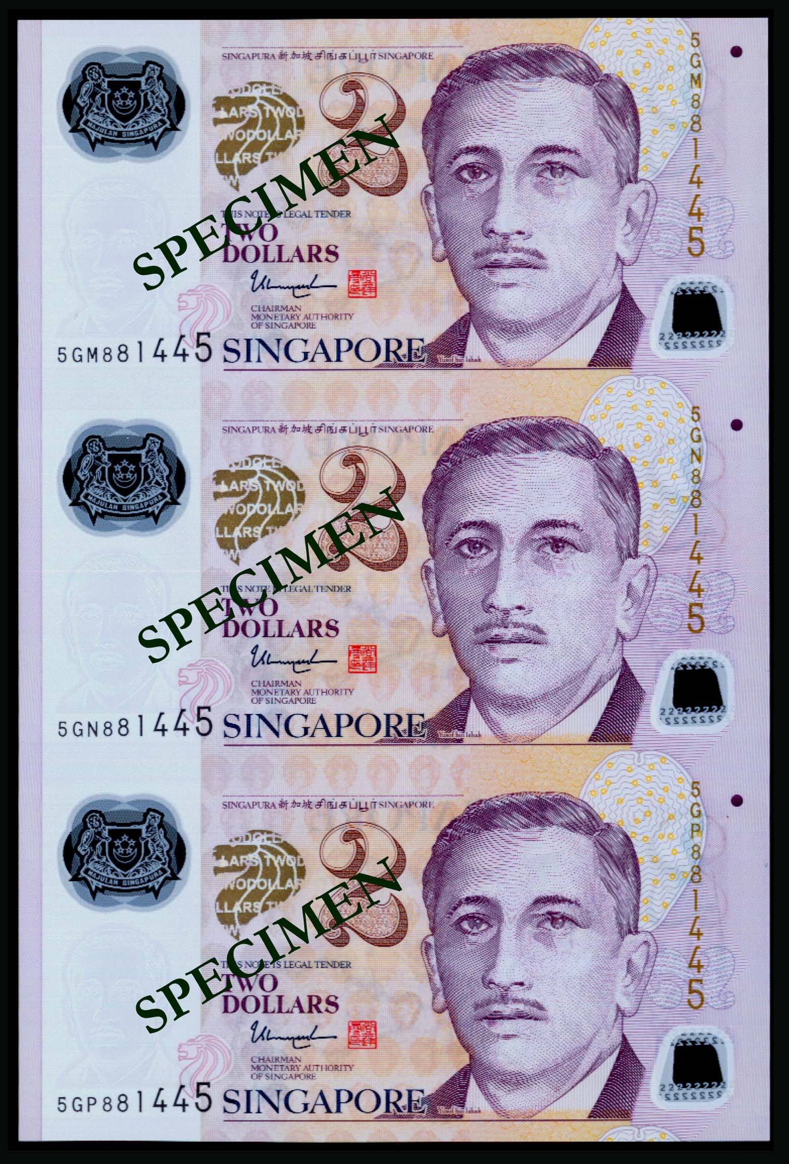 Singapore $2 TS 3-in-1: Singapore $2 TS 3-in-1Singapore $2, President Ishak, sign. Tharman Shanmugaratnam, uncut sheet of 3, prefixes 5GM, 5GN, 5GP; serial no. 881445, AU-UNC. (1 sheet) This Lot is subject