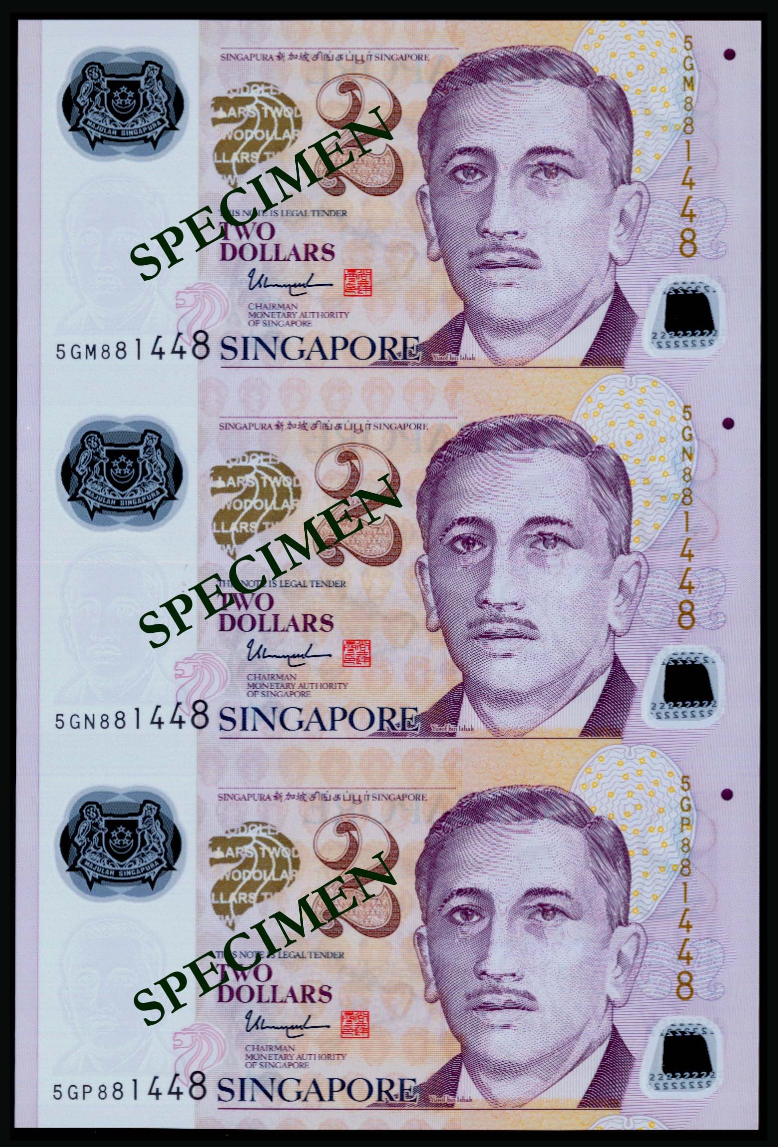 Singapore $2 TS 3-in-1: Singapore $2 TS 3-in-1Singapore $2, President Ishak, sign. Tharman Shanmugaratnam, uncut sheet of 3, prefixes 5GM, 5GN, 5GP; serial no. 881448, AU-UNC. (1 sheet) This Lot is subject