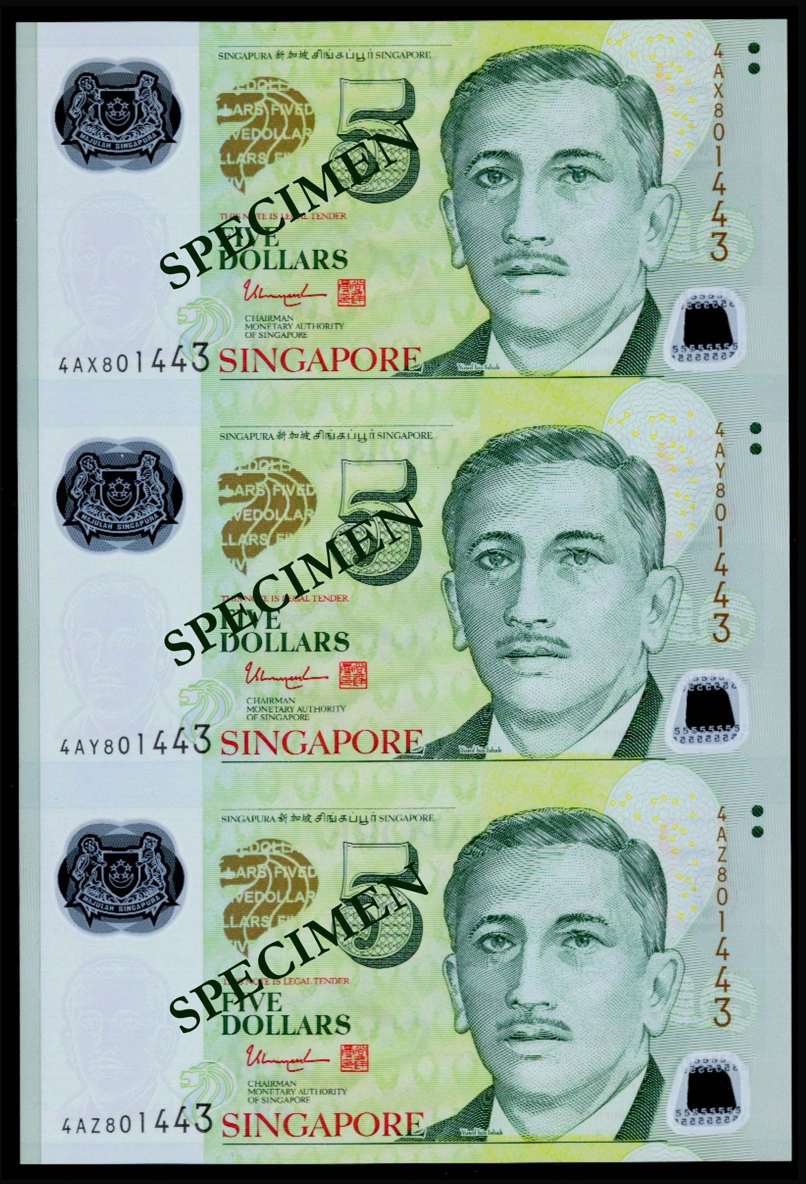 Singapore $5 TS 3-in-1: Singapore $5 TS 3-in-1Singapore $5, President Ishak, sign. Tharman Shanmugaratnam, uncut sheet of 3, prefixes 4AX, 4AY, 4AZ; serial no. 801443, AU-UNC. (1 sheet) This Lot is subject