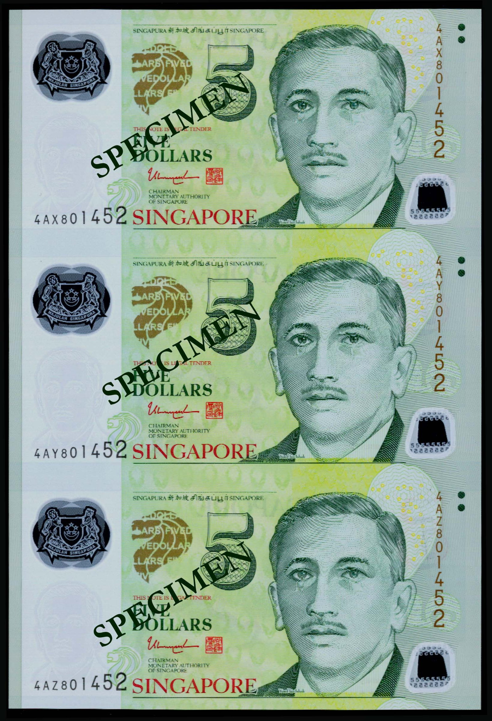 Singapore $5 TS 3-in-1: Singapore $5 TS 3-in-1Singapore $5, President Ishak, sign. Tharman Shanmugaratnam, uncut sheet of 3, prefixes 4AX, 4AY, 4AZ; serial no. 801452. AU-UNC. (1 sheet) This Lot is subject