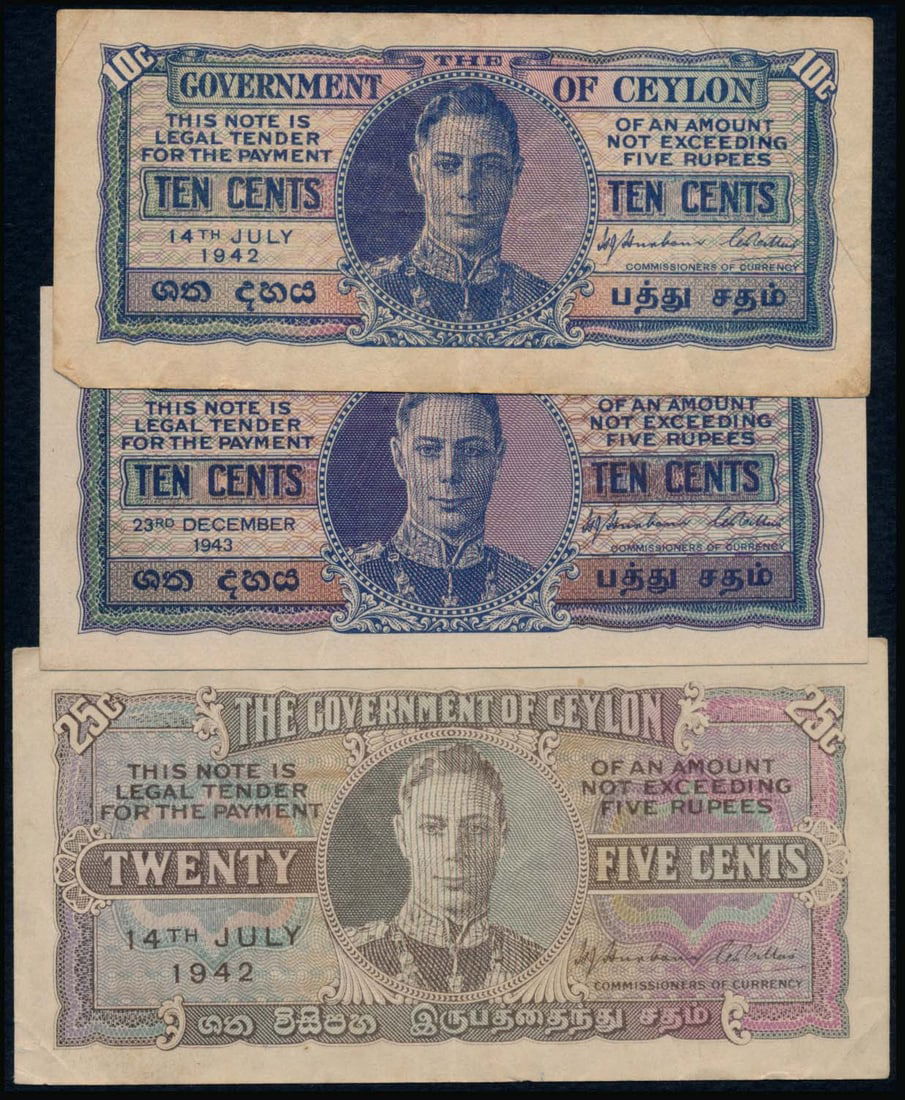 3 Ceylon 10c-25c 1942-1943 KGVI (1 of 1)