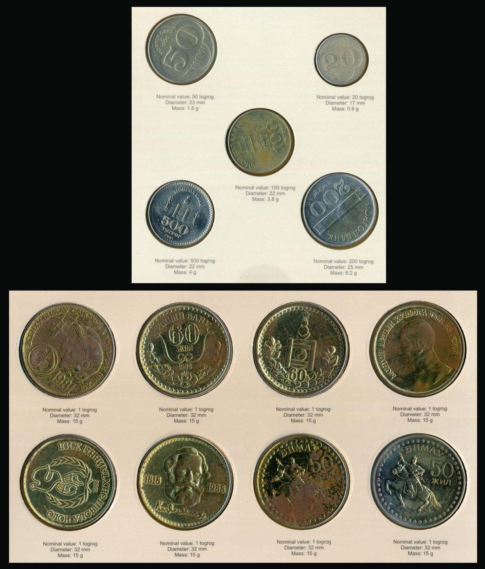 13 Mongolia 1-500 Tugrik 1971-2001: 13 Mongolia 1-500 Tugrik 1971-2001Mongolia 1 Tugrik (8), (KM.42 to 44, 49, 34, 34a, 52, 48), 1971-88, with folder; 20 to 500 Tugrik (5), (KM.122 to 125, 195), 1994-2001, with folder. (13 coins)
