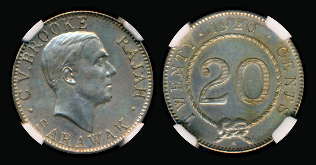 Sarawak CV Brooke 20c 1920H NGC: Sarawak C.V. Brooke, 20 Cents, (KM.17), 1920H, NGC AU Details - surface hairlines. From the Sinnathuray Family Collection.