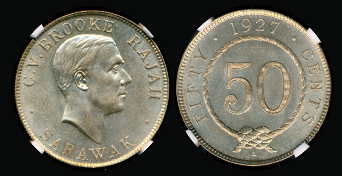 Sarawak CV Brooke 50c 1927H NGC: Sarawak C.V. Brooke, 50 Cents, (KM.19), 1927H, NGC AU58. From the Sinnathuray Family Collection.