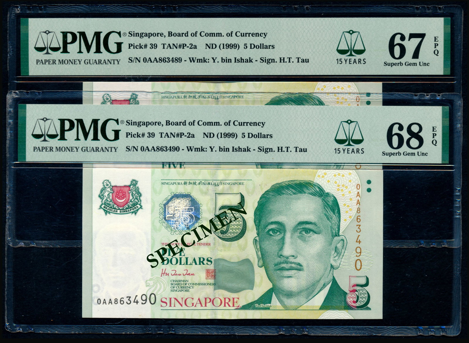 Singapore 2x$5 1999 HTT 1st prefix PMG: Singapore $5, (1999), President Ishak, BCCS, sign. Hu Tsu Tau, serial nos. 0AA 863489 to 490, consecutive pair of 1st prefix notes, graded PMG Superb Gem UNC67EPQ and Superb Gem UNC68EPQ respectively.