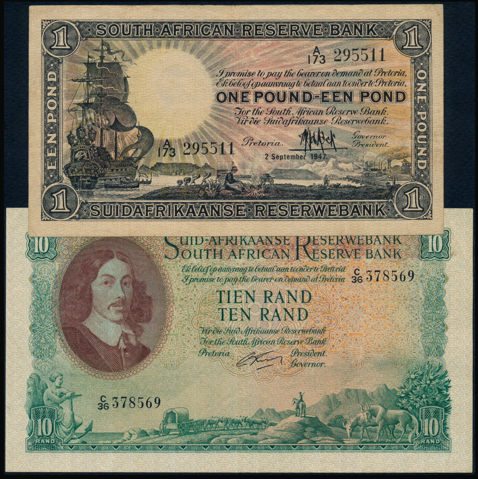 South Africa 1 Pound 1947 10 Rand 1962-65: South Africa South African Reserve Bank, 1 Pound, 2 September 1947, (P.84f), serial no. A/173 295511; 10 Rand, ND (1962-65), (P.107), serial no. C/36 378569; stains, ageing, VF. (2)
