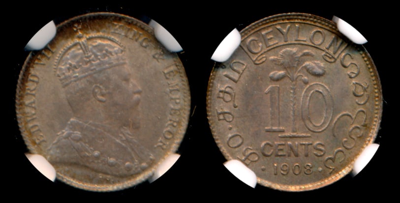 Ceylon KEVII 10c 1908 NGC MS65 (1 of 1)