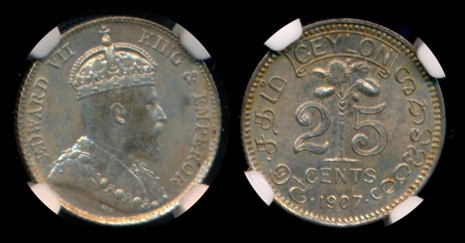 Ceylon KEVII 25c 1907 NGC MS63 (1 of 1)