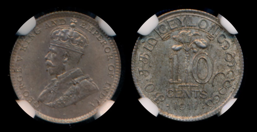 Ceylon KGV 10c 1911 NGC MS63 (1 of 1)