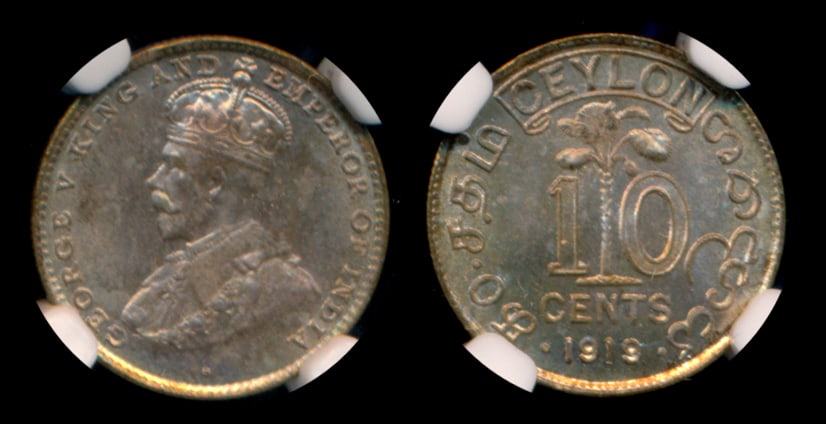 Ceylon KGV 10c 1919B NGC MS65 (1 of 1)