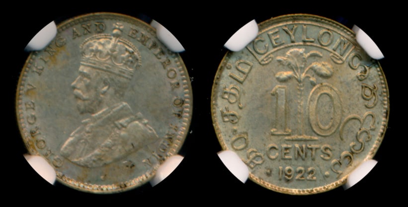 Ceylon KGV 10c 1922 NGC MS63 (1 of 1)