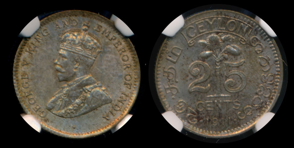 Ceylon KGV 25c 1911 NGC MS64 (1 of 1)