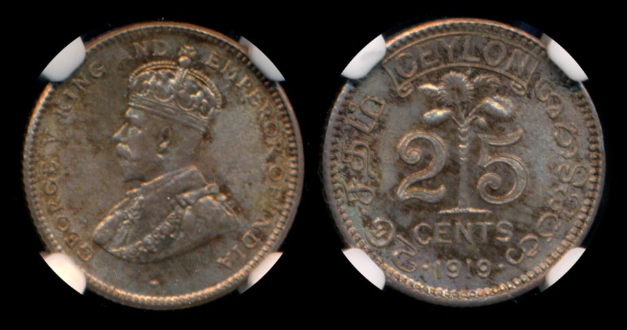 Ceylon KGV 25c 1919B NGC MS65 (1 of 1)