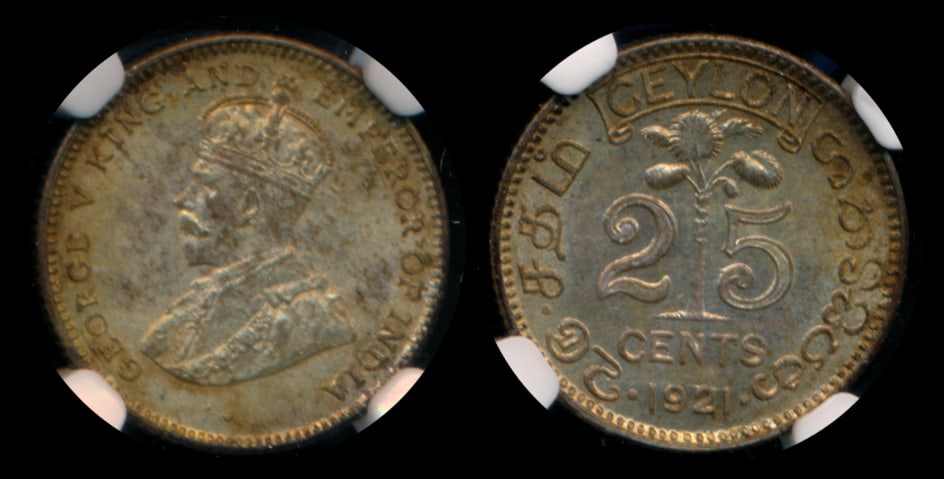 Ceylon KGV 25c 1921B NGC MS62 (1 of 1)