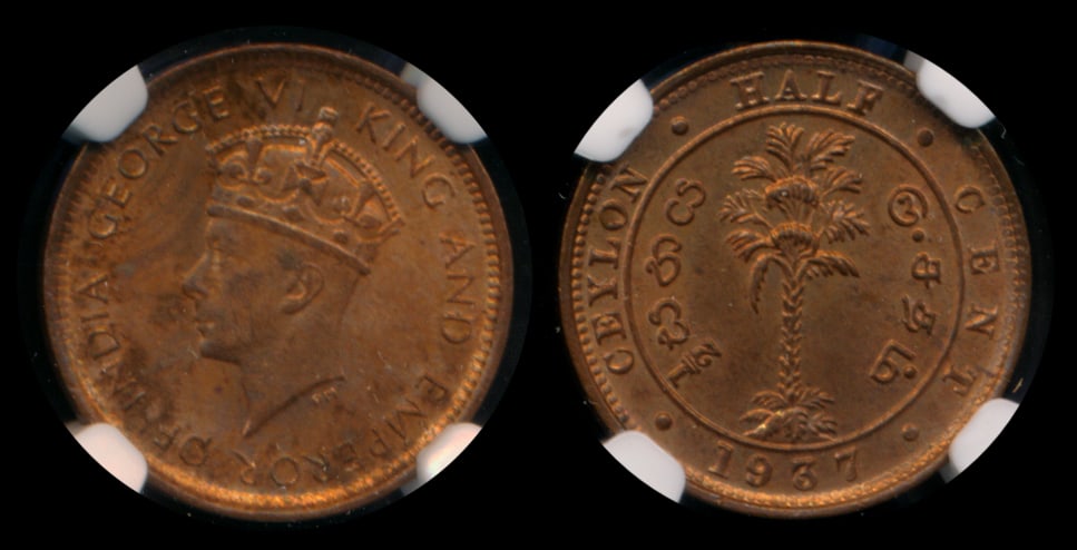 Ceylon KGVI 1/2c 1937 NGC MS64RB (1 of 1)