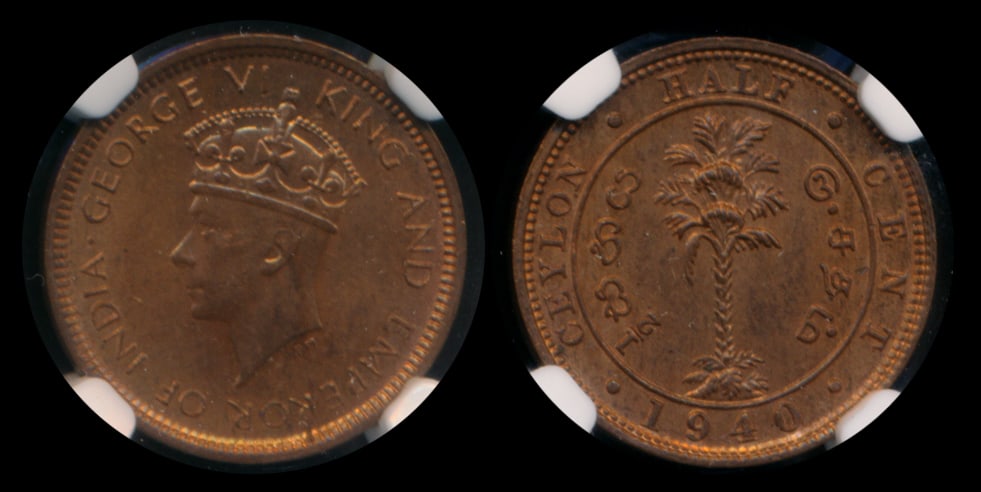 Ceylon KGVI 1/2c 1940 NGC MS63RB (1 of 1)