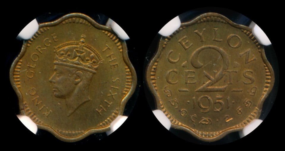 Ceylon KGVI 2c 1951 NGC MS64 (1 of 1)