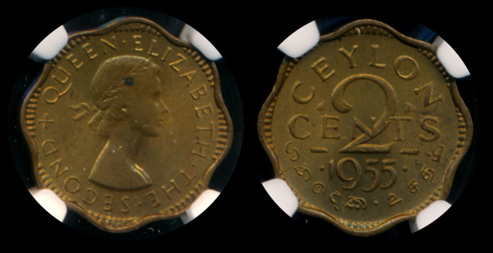 Ceylon QEII 2c 1955 NGC MS63 (1 of 1)