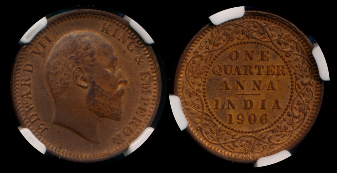 India British India KEVII 1/4 Anna 1906(C): India British India, Edward VII, Quarter Anna, (KM.501), 1906(C), copper, NGC MS62RB.