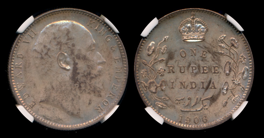India British India KEVII Rupee 1906(C) NGC: India British India, Edward VII, Rupee, (KM.508), 1906(C), NGC AU50.