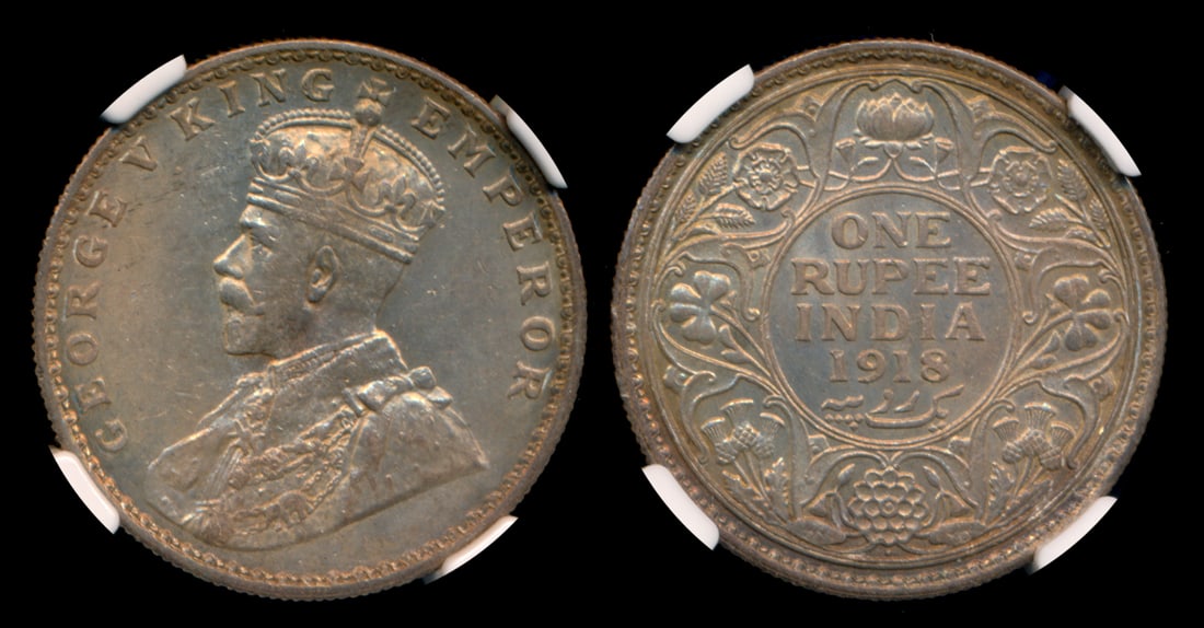 India British India KGV Rupee 1918(B) NGC (1 of 1)