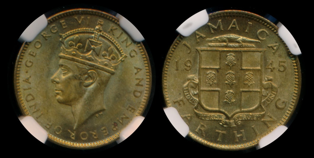 Jamaica KGVI Farthing 1945 NGC MS65: Jamaica George VI, Farthing, (KM.30), 1945, NGC MS65.