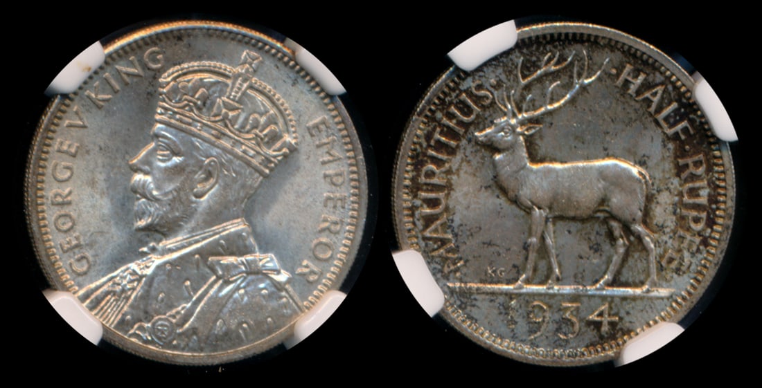 Mauritius KGV 1/2 Rupee 1934 NGC MS65 (1 of 1)