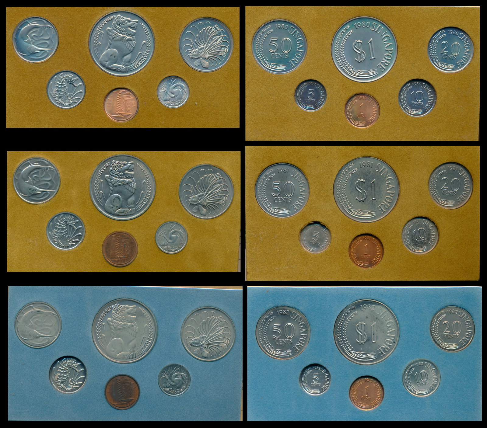 3 Singapore 1c-$1 1980-82: Singapore Cent to $1, (KM.MS16, MS17, MS18) 1980, 1981, 1982, Year of Monkey, Rooster, Dog, uncirculated sets, each set in a wallet (some damage). (3 sets)