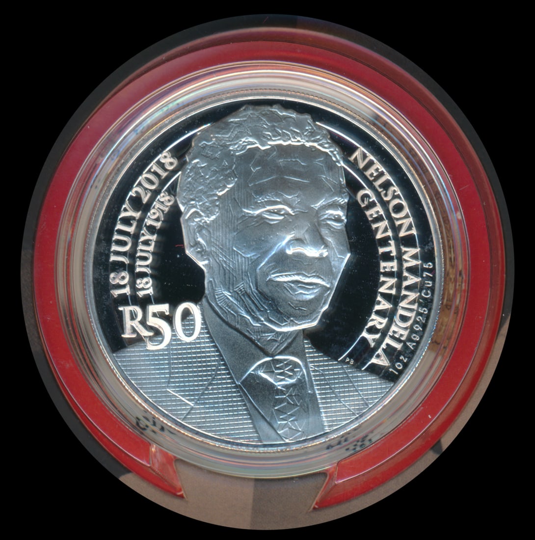 South Africa 50 Rand 2018 proof: South Africa 50 Rand 2018 proofSouth Africa 50 Rand, 2018, sterling-silver, proof, commemorative, Nelson Mandela Centenary Celebration, in original packaging, with certificate of authenticity.