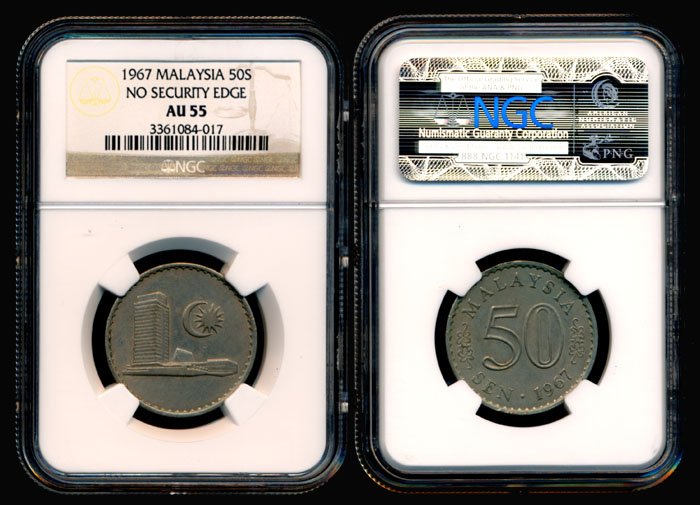 Malaysia 50 Cents 1967 NGC AU55: Malaysia 50 Cents, (KM.5.2), 1967, no security edge, NGC AU55.