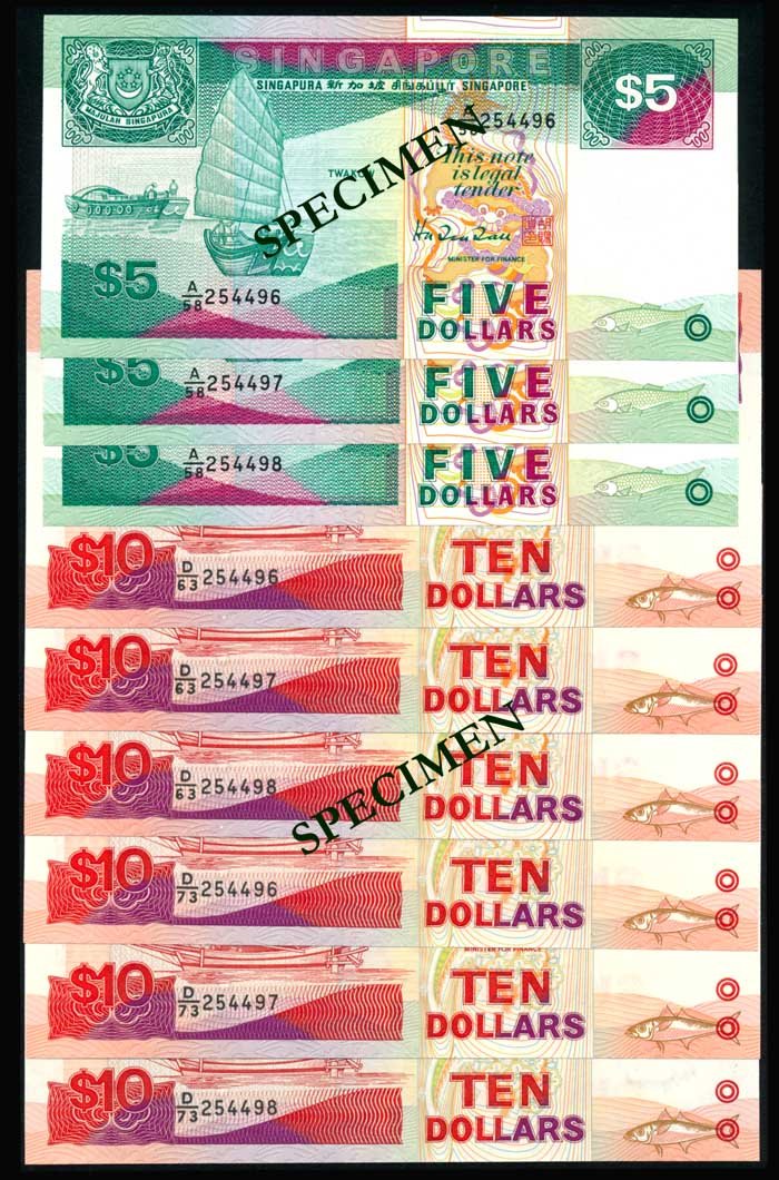 Singapore $5 $10 1988-89 ship P19 20 (9): Singapore $5, $10, (1988-89), ship, (P.19, 20), 25 Years of Operationally Ready National Service, A Salute to our NS Men, 1969-1994, each set consists of a $5 and 2 pieces $10, $5 serial nos. A/58 254