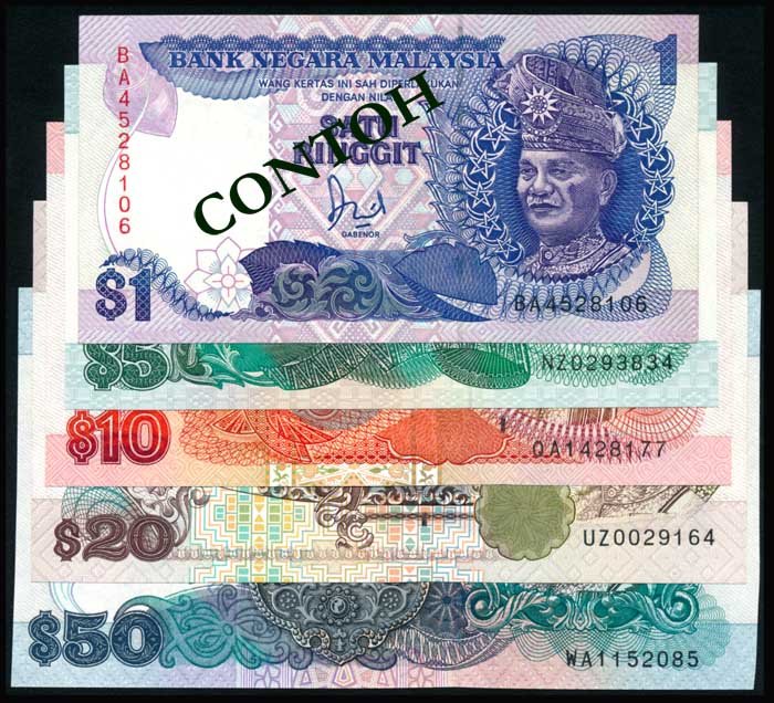 Malaysia $1 $5 $10 $20 $50 1986-95 (5): Malaysia $1, $5, $10, $20, $50, (1986-95), 6th series, sign. Jaffar Hussein, (P.27a, 28b, 29, 30, 31; KNB.32d, 33b, 34b, 35d, 36d), serial nos. BA 4528106, NZ 0293834, QA 1428177, UZ 0029164, WA 11520
