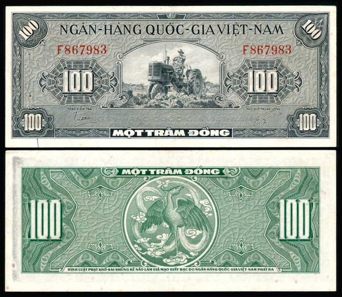 Viet Nam South 100 Dong 1955 GEF: Viet Nam/South Ngan-Hang Quoc-Gia Viet-Nam, 100 Dong, ND (1955), (P.8a), serial no. F 867983, rust stains on shs., GEF.