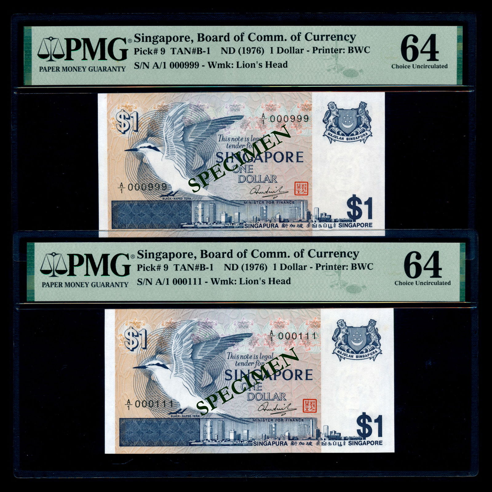 Singapore 9x$1 1976 bird prefix A/1 PMG (1 of 1)
