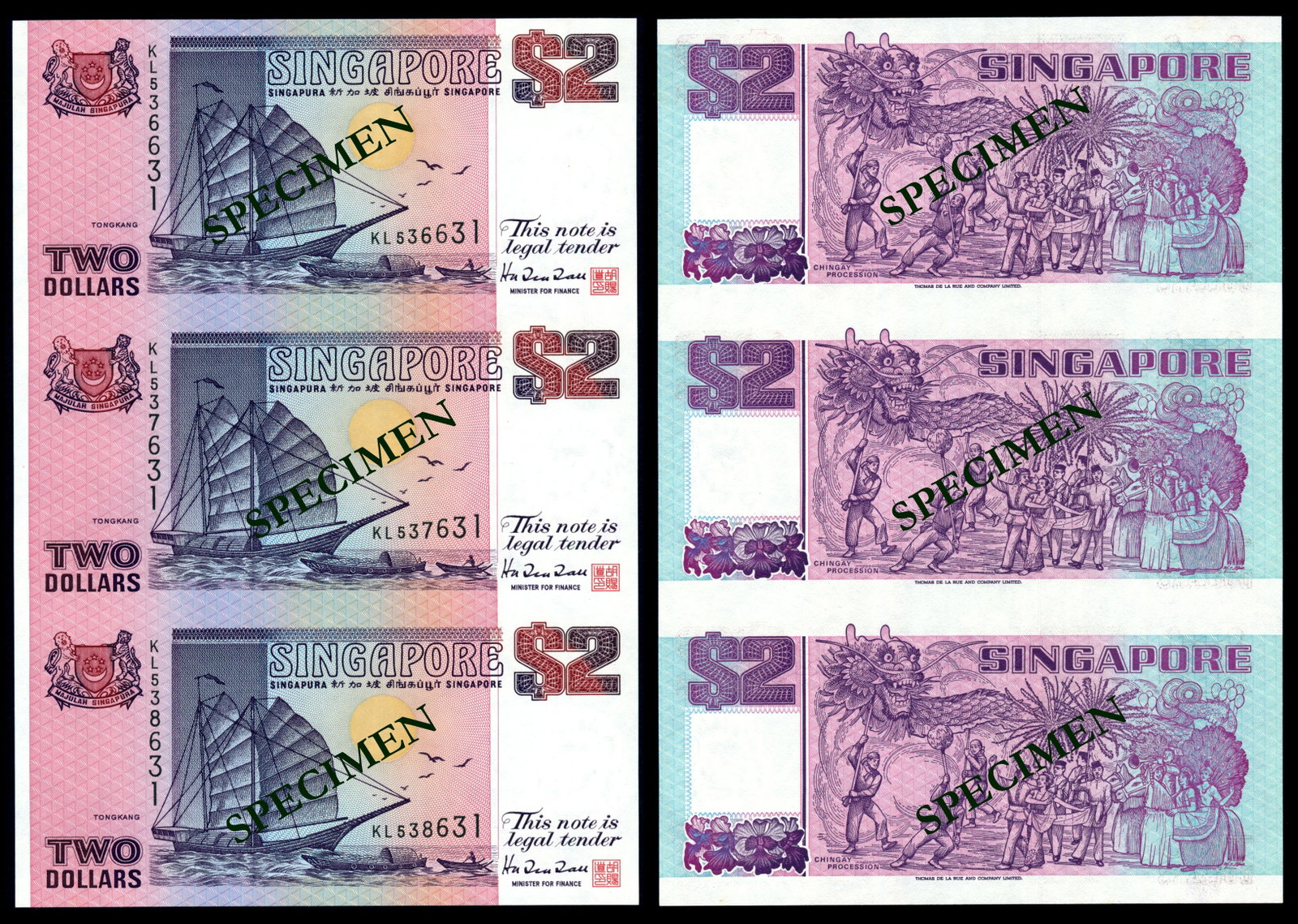 Singapore $2 1992 ship purple 3-in-1: Singapore $2, (1992), ship, purple, uncut sheet of 3, serial nos. KL 536631, 537631, 538631, ageing on uncut sheet and folder, AU-UNC, with BCCS folder. Viewing recommended, sold as is, no return. (1 