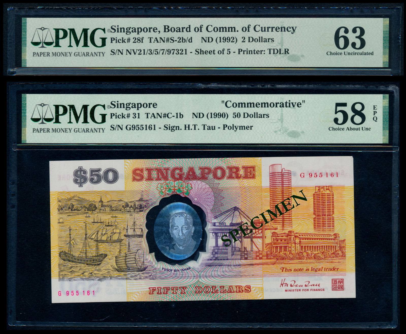 Singapore $50 1990 $2 1992 ship 5-in-1 PMG (1 of 1)