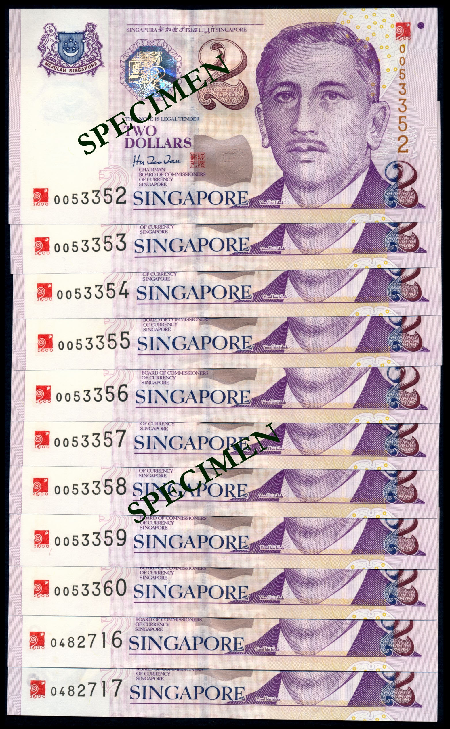 Singapore 11x$2 2000 Millennium logo ovpt: Singapore $2, (2000), President Ishak, BCCS, sign. Hu Tsu Tau, red Millennium logo ovpt.; one set with serial nos. 0053352 to 360, 9 consecutive notes; another set with serial nos. 0482716 to 717(EF),