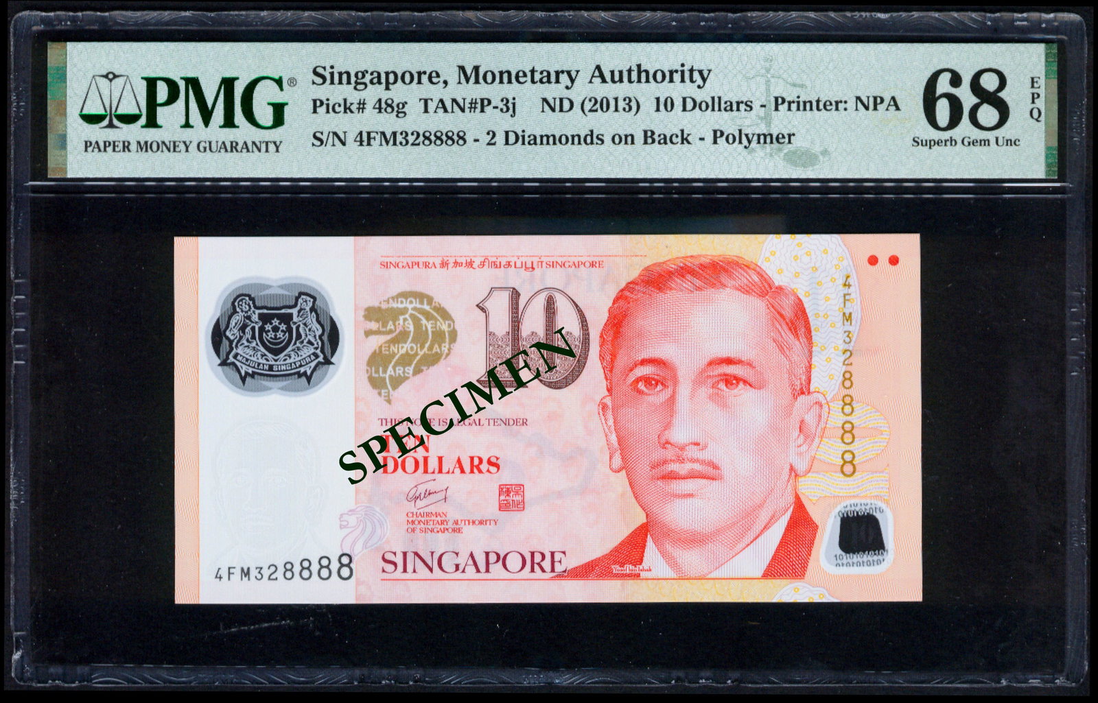 Singapore $10 2013 GCT PMG: Singapore $10, (2013), President Ishak, MAS, sign. Goh Chok Tong, polymer, serial no. 4FM 328888, 2 diamonds on back, PMG Superb Gem UNC68EPQ.