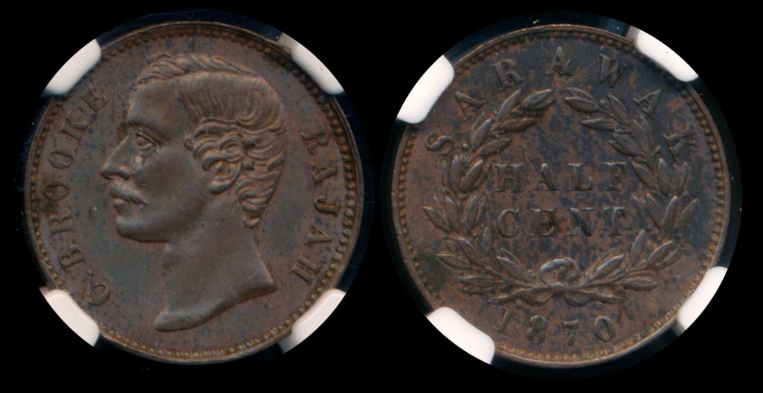 Sarawak C Brooke 1/2c 1870 NGC: Sarawak C. Brooke, Half Cent, (KM.5), 1870, NGC AU55BN. From the Sinnathuray Family Collection.