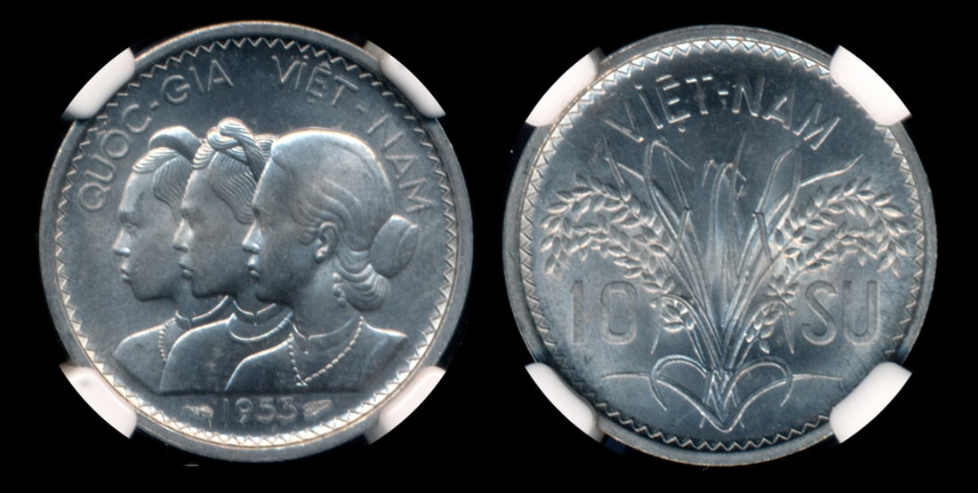 Viet Nam/South 10 Su 1953 NGC: Viet Nam/South 10 Su, (KM.1), 1953, NGC MS64. From the Sinnathuray Family Collection.