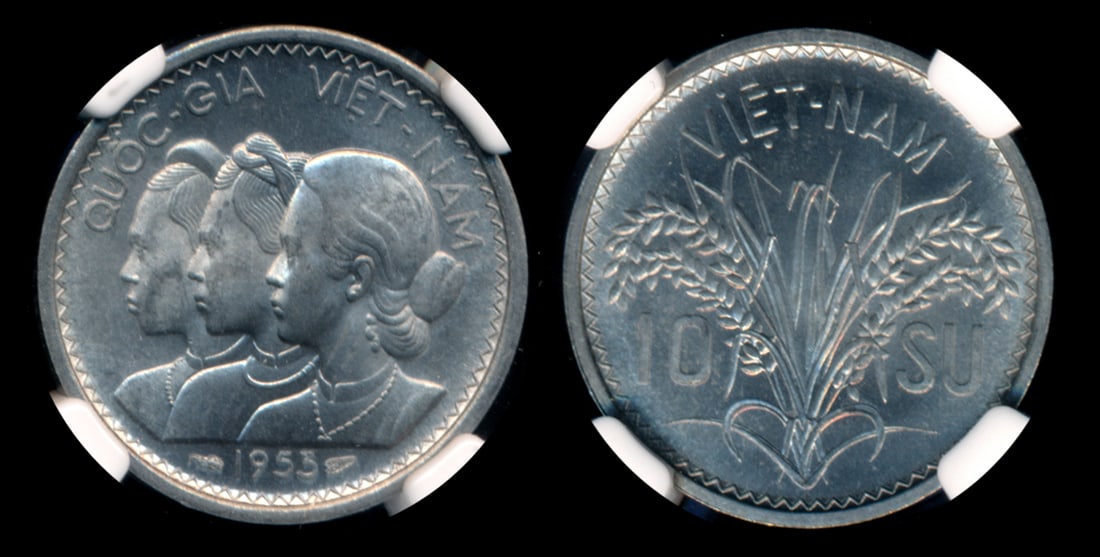 Viet Nam/South 10 Su 1953 NGC: Viet Nam/South 10 Su, (KM.1), 1953, NGC MS63. From the Sinnathuray Family Collection.