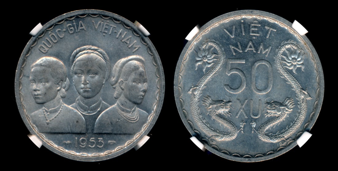 Viet Nam/South 50 Xu 1953(A) NGC: Viet Nam/South 50 Xu, (KM.3), 1953(A), NGC MS63. From the Sinnathuray Family Collection.
