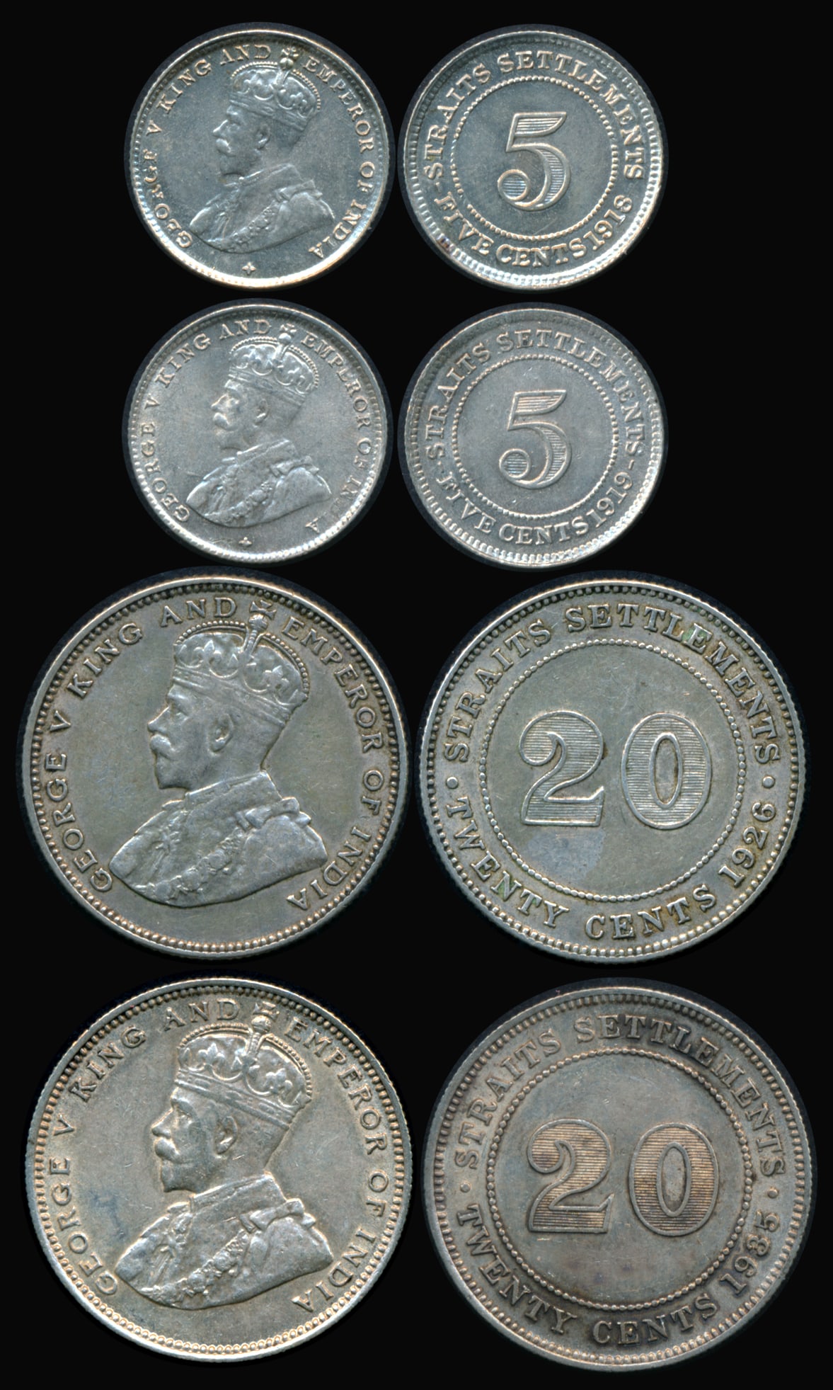 4 Straits Settlements KGV 5c-20c 1918-35 (1 of 1)