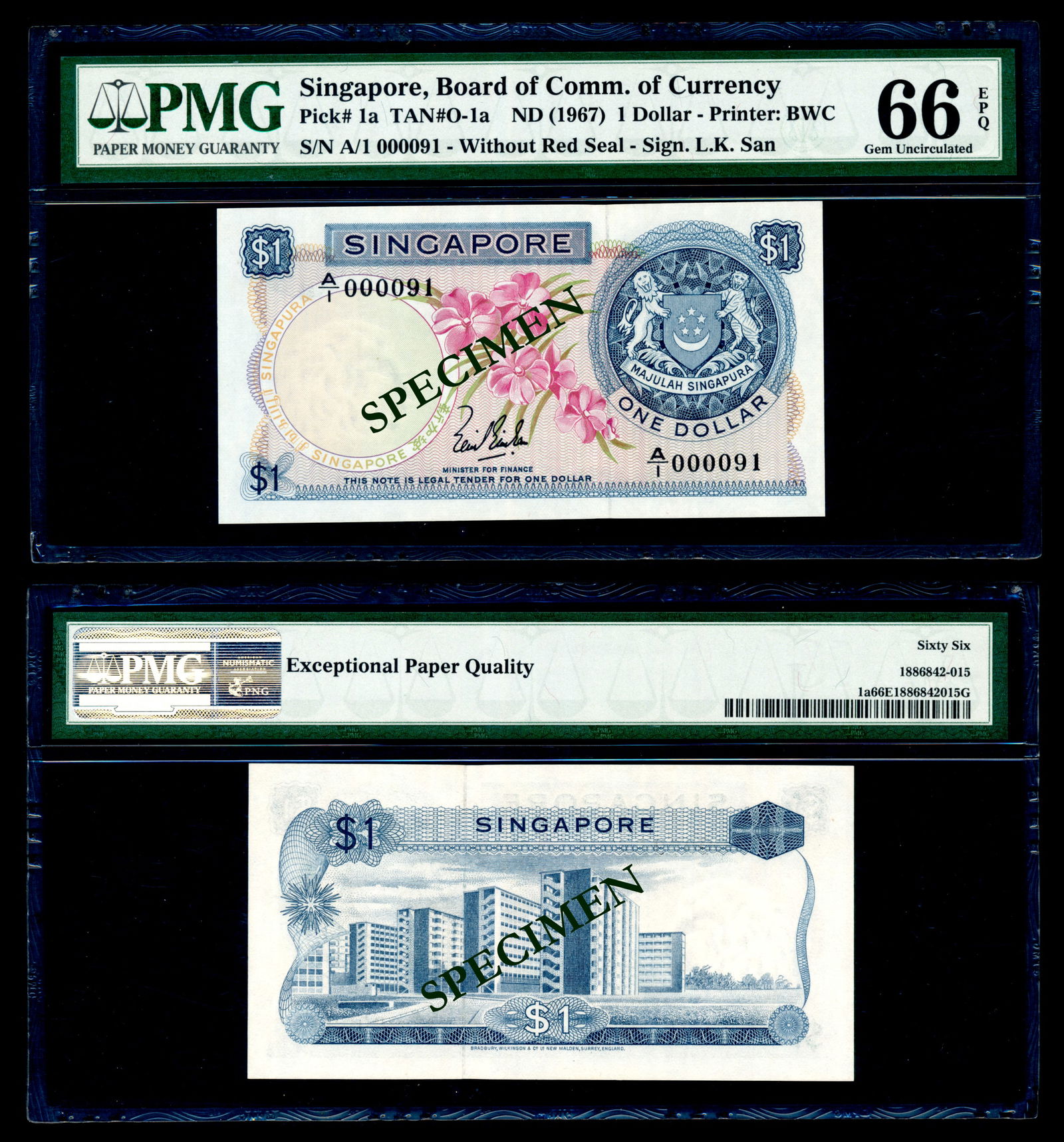 Singapore $1 1967 LKS low 1st prefix PMG