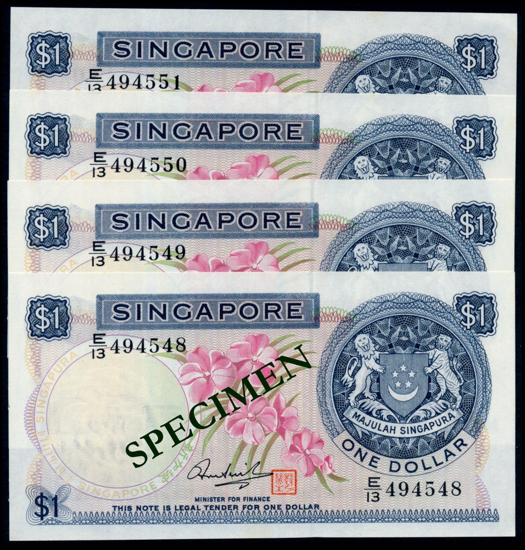 Singapore 4x$1 1972 HSS w/seal: Singapore $1, (1972), orchids, sign. Hon Sui Sen with seal, serial nos. E/13 494548 to 551, 4 consecutive notes, ageing, generally AU-UNC. (4)