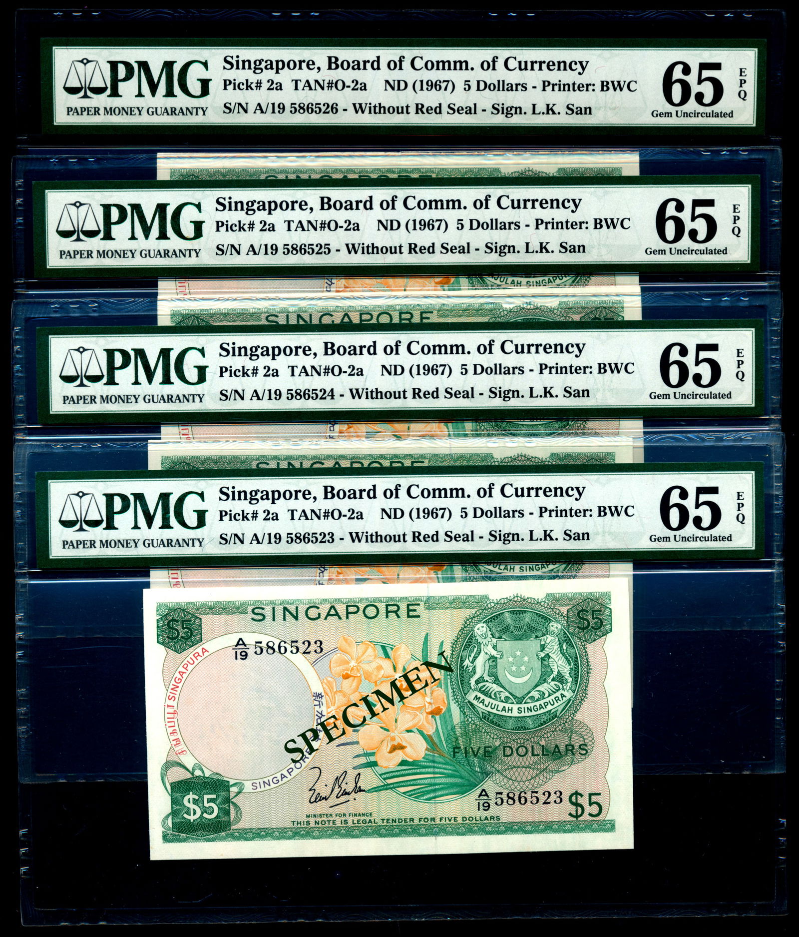 Singapore 4x$5 1967 LKS PMG (1 of 1)
