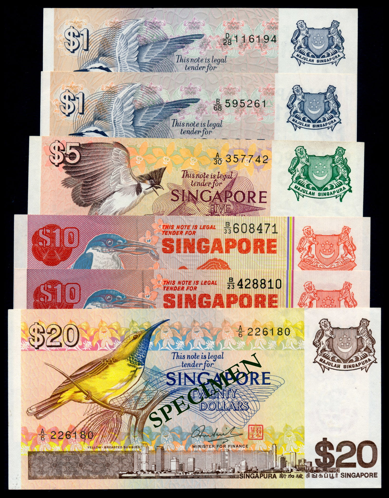 6 Singapore $1-$20 1976-79 bird: 6 Singapore $1-$20 1976-79 birdSingapore $1 (2), $5, (1976), bird; $10 (2), (1976), bird, segmented security thread; $20, (1979), bird; various serial nos., stains, ageing, generally VF-AU. (6)