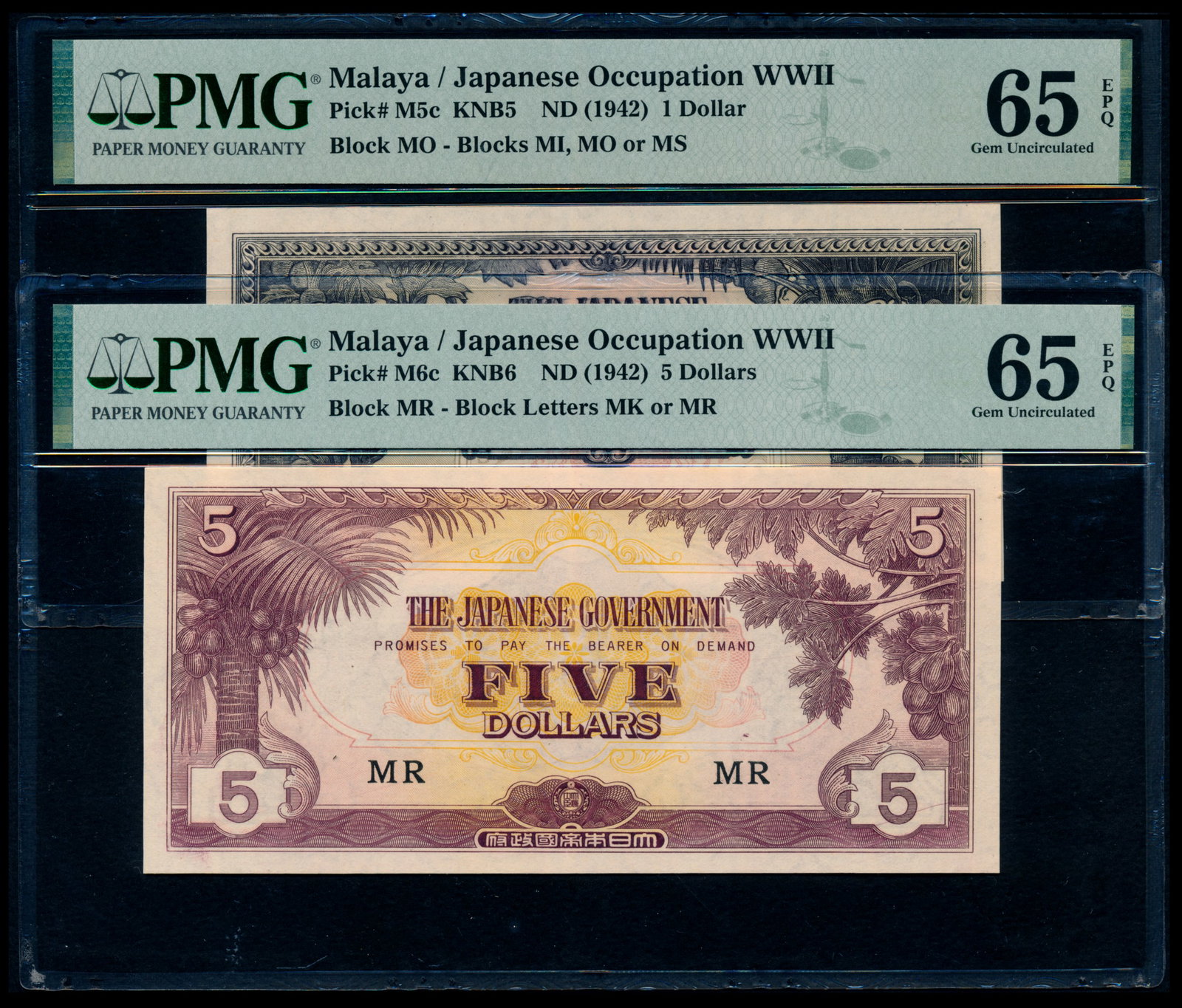 2 Malaya Jap Govt $1-$5 1942 PMG: Malaya Japanese Government, $1, $5, ND (1942), (P.M5c, M6c), block MO, block MR respectively, both graded PMG Gem UNC65EPQ. (2)