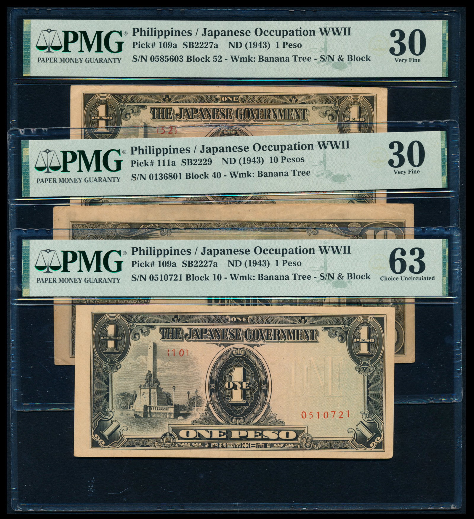 3 Philippines Jap Gov 1-10 Pesos PMG: Philippines Japanese Government, 1 Peso (2), 10 Pesos, (P.109a, 111a) various serial nos., one 1 Peso graded PMG Choice UNC63; another 1 Peso graded PMG VF30; the 10 Pesos graded PMG VF30. (3)
